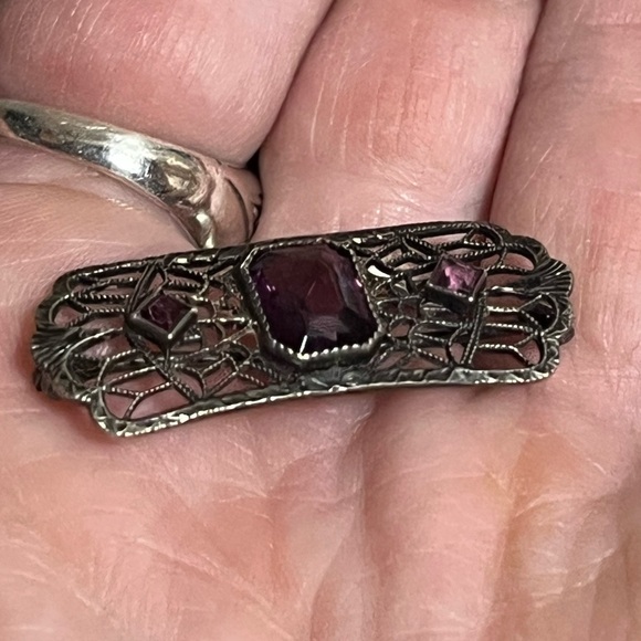 Art Deco Sterling Silver And Purple Glass?Stone?Ornate Design Small Dainty Pin - Picture 11 of 15